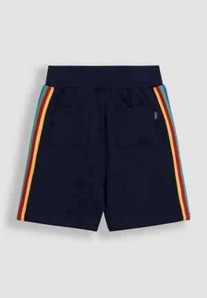 Tumesinine puuvillased lühikesed püksid pehme tekstuuriga. Omab kaht tagataskut ja mitmevärvilisi küljeribasi punases, kollases, rohelises ja sinises.