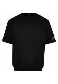 Black short-sleeve t-shirt with a round neck, featuring a subtle logo on the sleeve. Made of soft, textured fabric.