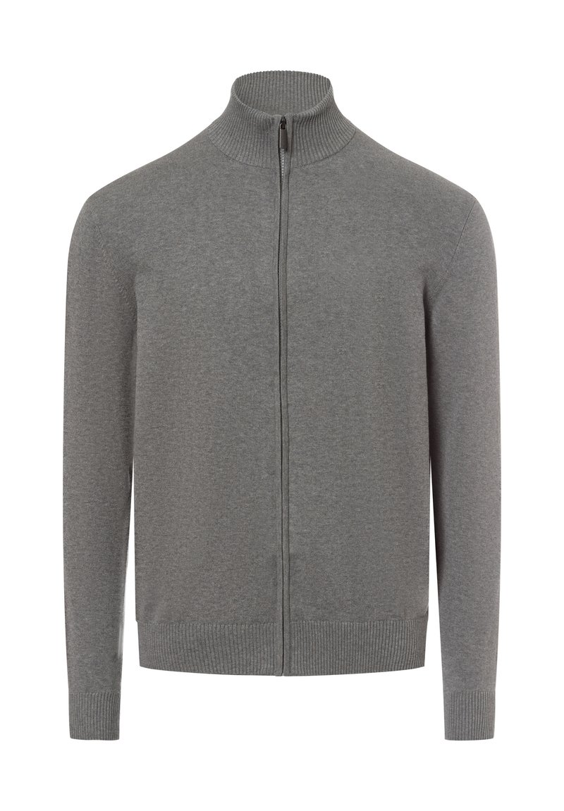 Grau zip-up Cardigan mit hohem Kragen. Hergestellt aus einem weichen, strukturierten Stoff. Mit gerippten Bündchen und Saum, die einen taillierten Look bieten.