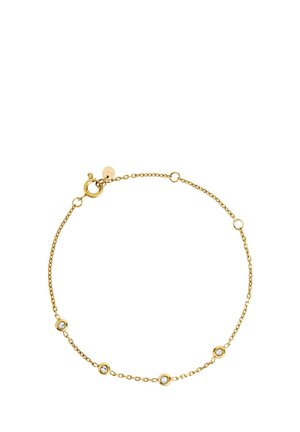 Delikatna złota bransoletka z łańcuszkiem, ozdobiona pięcioma równomiernie rozmieszczonymi małymi, okrągłymi, przejrzystymi kamieniami szlachetnymi oraz zapięciem typu sprężynowego.