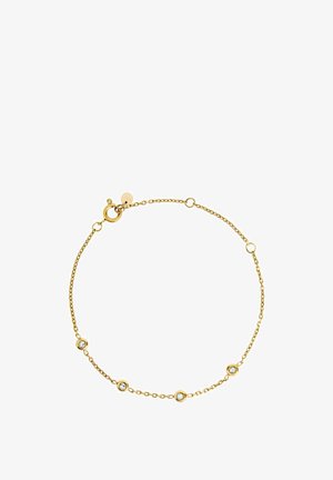 Delikatna złota bransoletka z łańcuszkiem, ozdobiona pięcioma równomiernie rozmieszczonymi małymi, okrągłymi, przejrzystymi kamieniami szlachetnymi oraz zapięciem typu sprężynowego.