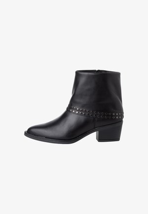 Black leather ankle boot with a rounded toe, a low block heel, and studded detailing around the ankle. Smooth texture with minimal accents.