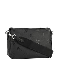 Borsa in pelle nera con design floreali e lettere in rilievo. Presenta una chiusura a zip e una tracolla in tessuto rimovibile per maggiore versatilità.