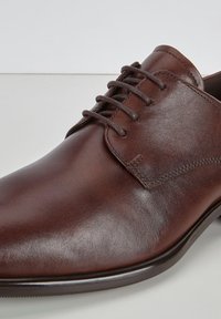 Brune lærdress sko med et elegant design, glat overflade, rund tå og seks øjer til snørebånd, med subtile sy-detailer.
