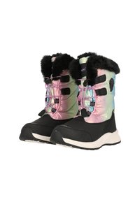 Stivali invernali colorati, imbottiti, in rosa e blu iridescenti, con suole in gomma nera, bordo in pelliccia sintetica e lacci regolabili per una vestibilità sicura.