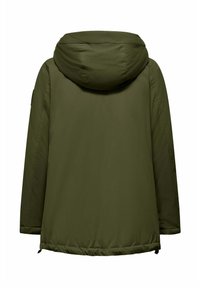 Parka verde oliva con cappuccio, caratterizzata da una texture liscia, vestibilità ampia e orlo regolabile. Senza hardware o decorazioni visibili.