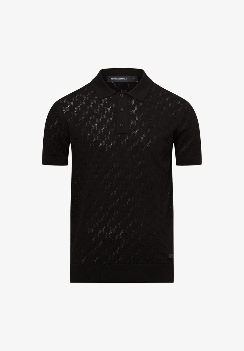 Zwarte polo met korte mouwen en subtiele textuur, drie knopen in de koop, ribboorden en een Karl Lagerfeld-label aan de binnenkant van de kraag.