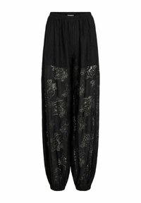 Czarne spodnie z koronki o luźnym kroju, z motywami kwiatowymi i elastycznym pasem. Teksturowana, półprzezroczysta tkanina z marszczonymi mankietami.
