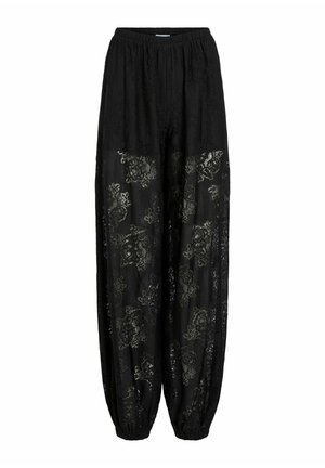 Svarta spetsbyxor med lös passform, med blommönster och resårmidja. Texturerat, halvgenomskinligt tyg med rynkade muddar.