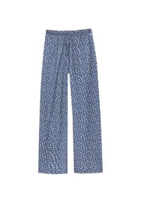 Pantalon large bleu avec petit motif floral blanc et taille élastique avec cordon de serrage.