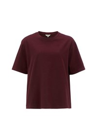 Effen T-shirt met korte mouwen en ronde hals in donker bordeaux, weergegeven op een witte achtergrond.