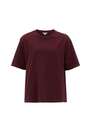 Einfarbiges, kurzärmeliges T-Shirt mit Rundhalsausschnitt in dunklem Burgundy, vor weißem Hintergrund präsentiert.