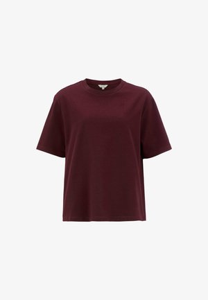 En enkel kortärmad t-shirt med rund halsringning i mörk burgund, visad mot vit bakgrund.