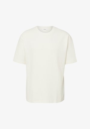 Schlichtes, kurzärmeliges T-Shirt in Off-White mit Rundhalsausschnitt und subtiler horizontaler Rippstruktur, dargestellt vor weißem Hintergrund.