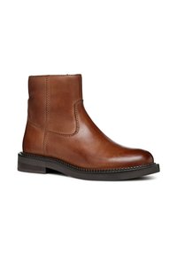 Brown leather ankle boot with a smooth texture, rounded toe, elastic side panels, and a contrasting dark rubber sole.