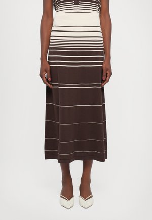 Brun og kremstripet midi skjørt med en tettsittende midje. Laget av mykt stoff, har det brede horisontale striper og en rett snitt.