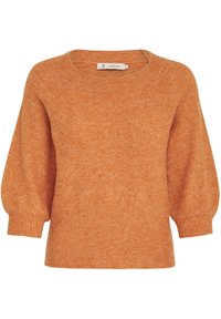 Maglione di lana arancione, con scollo rotondo, maniche a sbuffo e una finitura testurizzata. Gli orli a costine completano il design.