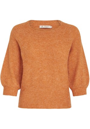 Maglione di lana arancione, con scollo rotondo, maniche a sbuffo e una finitura testurizzata. Gli orli a costine completano il design.