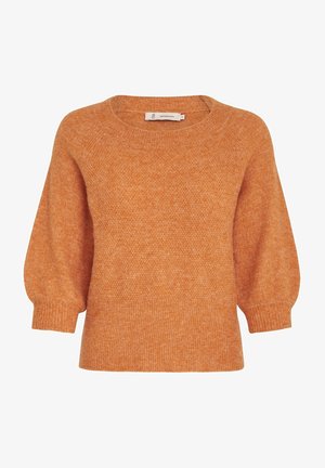 Wool sweater in orange, featuring a round neck, puff sleeves, and a textured finish. Ribbed hems complete the design.