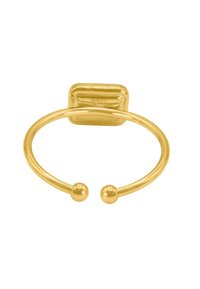 Goldfarbener Ringhalter mit einem kreisförmigen Design und zwei kugelförmigen Enden, einer flachen rechteckigen Fläche zum Beschriften und einer glatten Oberfläche.