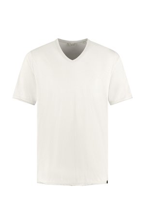 Effen wit T-shirt met korte mouwen en V-hals, getoond tegen een witte achtergrond.