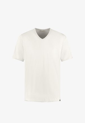 Lihtne valge lühikeste varrukatega V-kaelusega T-särk, mis on esitatud valgel taustal.