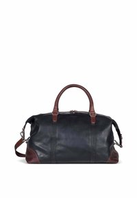 Black leather duffel bag with brown leather accents, rounded handles, and a detachable shoulder strap. Smooth texture with faint wrinkles.