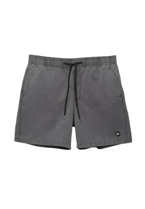 Grå svømshorts lavet af letvægtsstof, med elastisk talje, snor, sidelommer og et logo patch på fronten.