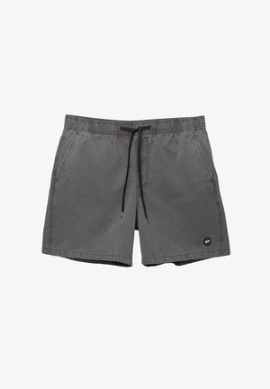 Gray swim shorts made of lightweight fabric, featuring an elastic waistband, drawstring, side pockets, and a logo patch on the front.