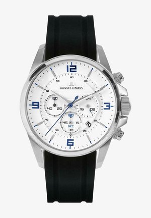 Kronografur med et sølvfarvet rustfrit stål hus, hvid urskive, blå accenter, sort gummirem og tre underkategorier til tidsregistrering.