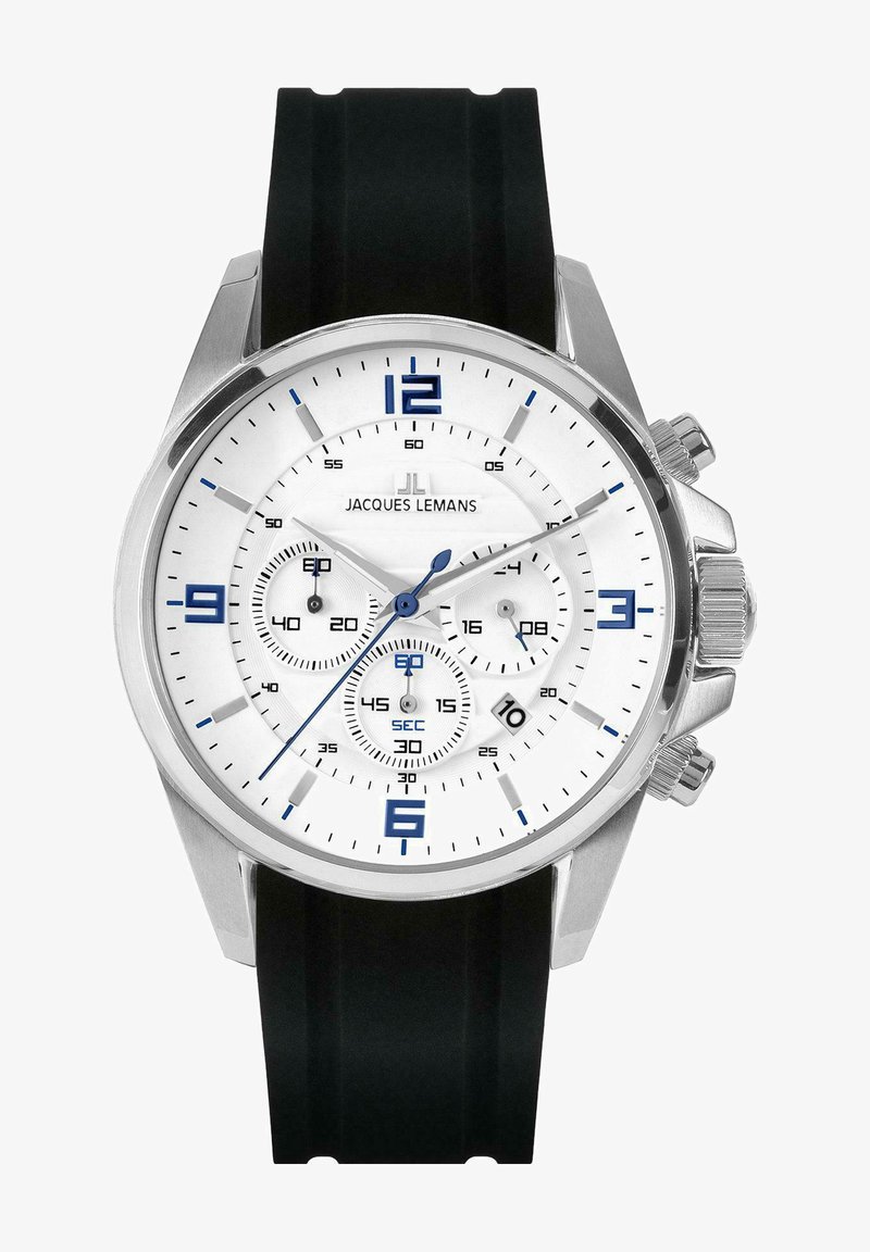 Kronografur med et sølvfarvet rustfrit stål hus, hvid urskive, blå accenter, sort gummirem og tre underkategorier til tidsregistrering.