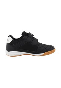 Chaussure de sport noire avec des bandes Velcro, texture matelassée à l'avant, accents blancs et semelle en caoutchouc gomme. Design classique basse.