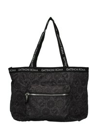 Borsa a tracolla nera caratterizzata da un motivo geometrico ripetuto, in tessuto, con doppi manici e una tasca zip frontale per ulteriore spazio di stoccaggio.