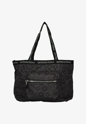 Borsa a tracolla nera caratterizzata da un motivo geometrico ripetuto, in tessuto, con doppi manici e una tasca zip frontale per ulteriore spazio di stoccaggio.