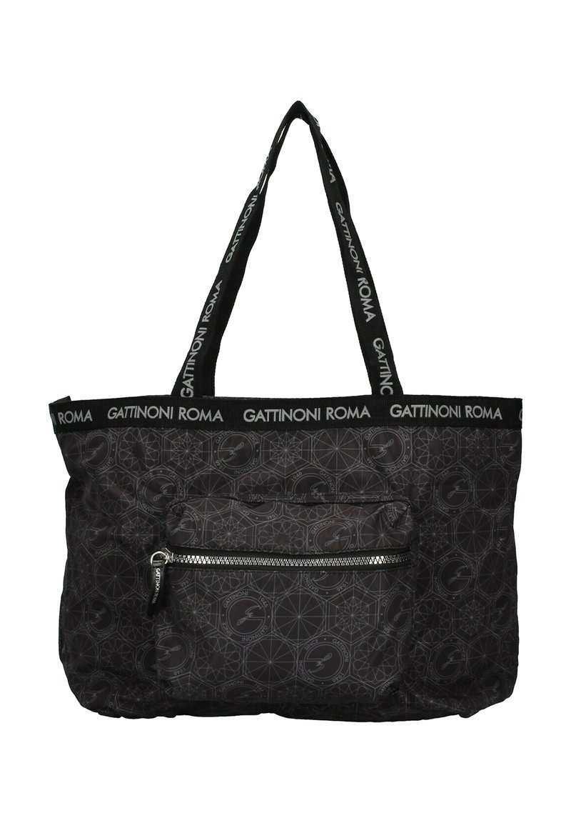 Borsa a tracolla nera caratterizzata da un motivo geometrico ripetuto, in tessuto, con doppi manici e una tasca zip frontale per ulteriore spazio di stoccaggio.
