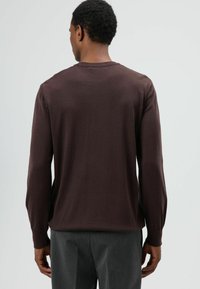 Pull marron à manches longues avec col ras du cou côtelé, texture lisse et poignets ajustés, présenté de dos.