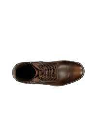 Scarpa in pelle marrone con punta tonda, lacci, tomaia texturizzata e cappuccio liscia in contrasto. La suola ha una leggera finitura lucida.