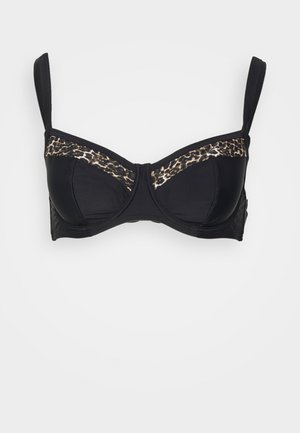 Zwarte bh met een gestructureerd ontwerp, voorzien van een luipaardprintaccent aan de bovenkant. Bevat onderbedekking en verstelbare bandjes.