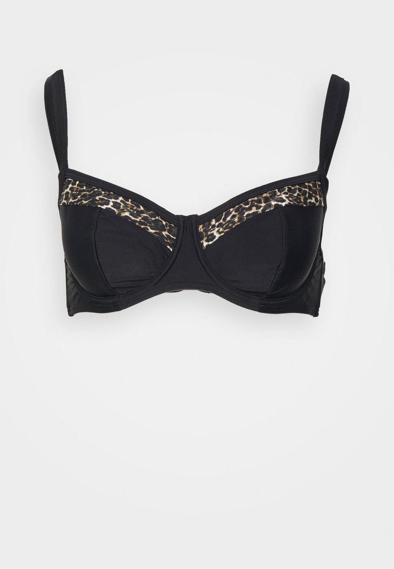 Black bra with a structured design, featuring a leopard print accent at the top. Underwire support and adjustable straps included.