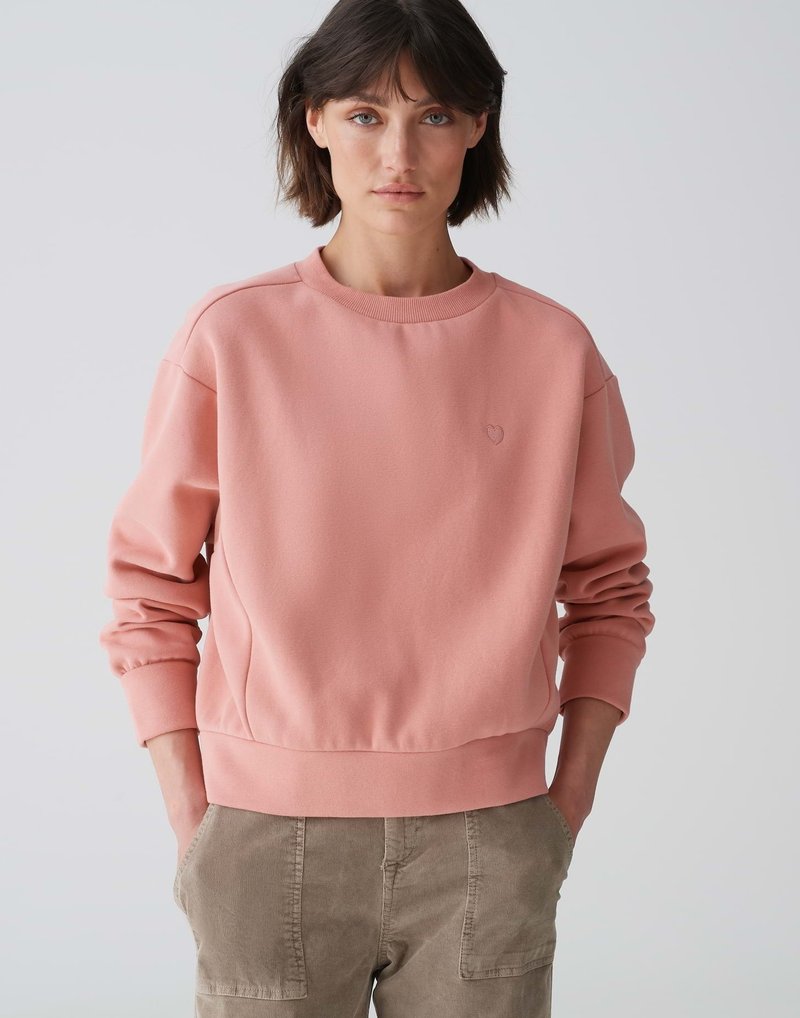 Felpa rosa con scollo rotondo, polsini a costine e un piccolo emblema a forma di cuore. Abbinata a pantaloni in velluto a coste di colore marrone chiaro. Tessuto morbido.