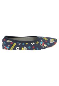 Balletschuh mit einem Oberteil aus navyblauem Stoff, das bunte Drucke von Zahlen, Fußballen und Cartoonfiguren aufweist. Abgerunde Zehenpartie und flexible Sohle.