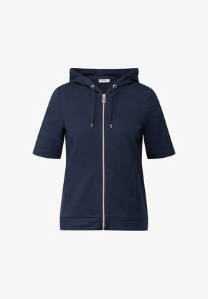 Haut à capuche zippé à manches courtes bleu marine fabriqué en tissu doux, doté d'une capuche avec cordon de serrage et de deux poches avant. Design simple avec des finitions en acier inoxydable.