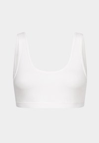 Weißer, nahtloser Crop-Top-BH mit quadratischem Ausschnitt und breiten Trägern. Hergestellt aus glattem, dehnbarem Stoff für Komfort und Flexibilität.