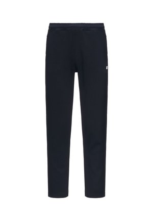 Pantaloni casual neri slim fit con vita elastica e tasche laterali, con un piccolo logo bianco sulla coscia destra.