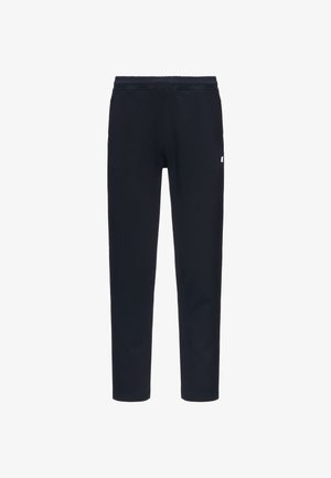 Pantaloni casual neri slim fit con vita elastica e tasche laterali, con un piccolo logo bianco sulla coscia destra.