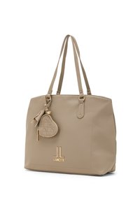 Borsa tote in ecopelle beige con accessori dorati, manici doppi e portamonete trapuntato staccabile con motivo geometrico.