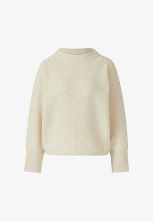 Maglione a maglia crema, con maniche lunghe, maniche a sbuffo e una cucitura sottile che corre lungo il centro davanti e dietro il colletto.