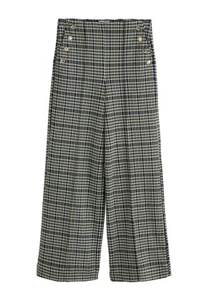 Pantalon taille haute à jambes larges avec motif à carreaux noir et blanc et six boutons dorés décoratifs sur la ceinture avant.