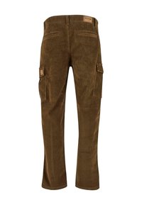 ruskeanväriset seersucker-housut, joissa on sivupussit ja takataskut, esitetty takakulmasta.