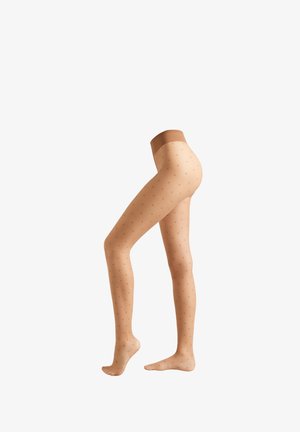 Nude gemusterte Strumpfhosen mit glatter Textur, die kleine, gleichmäßig verteilte Punkte und einen verstärkten braunen Taillenbund aufweisen.